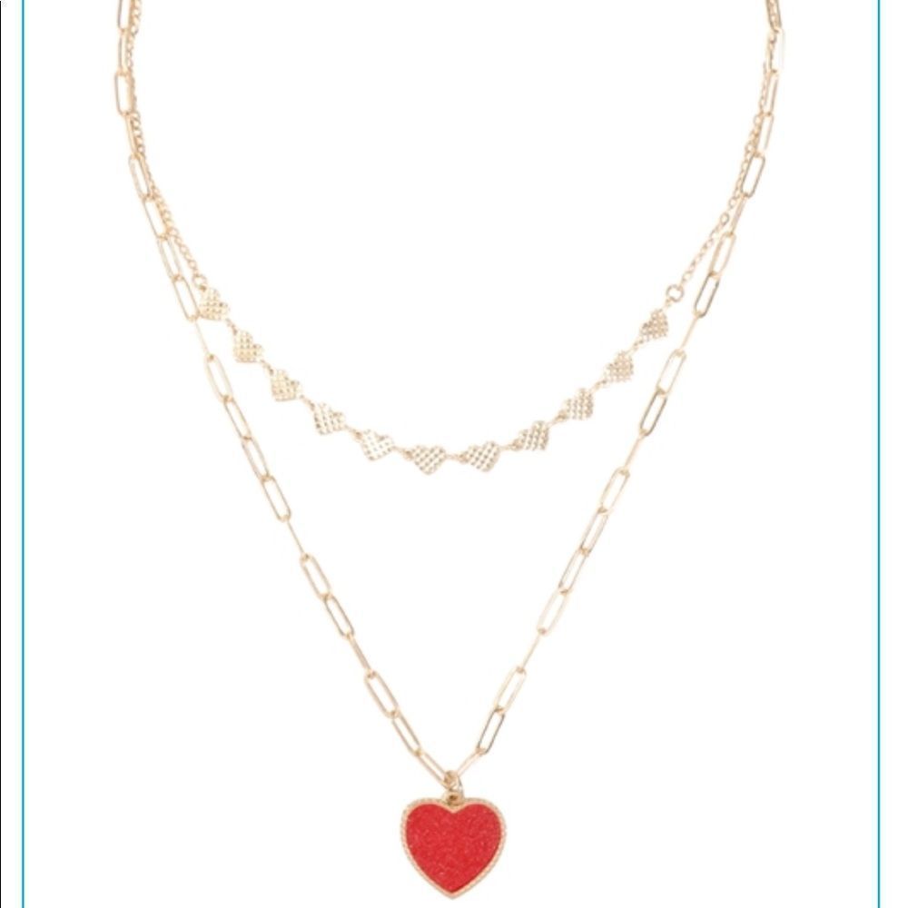 NEW Two Layered Druzy Heart Pendant Necklace in Matte Gold - Picture 2 of 6